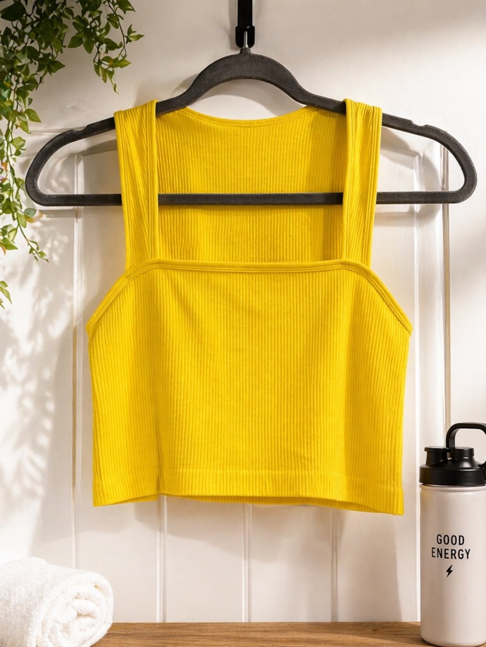 OQQ Ribbed Square-Neck Yellow Crop Tank - Women